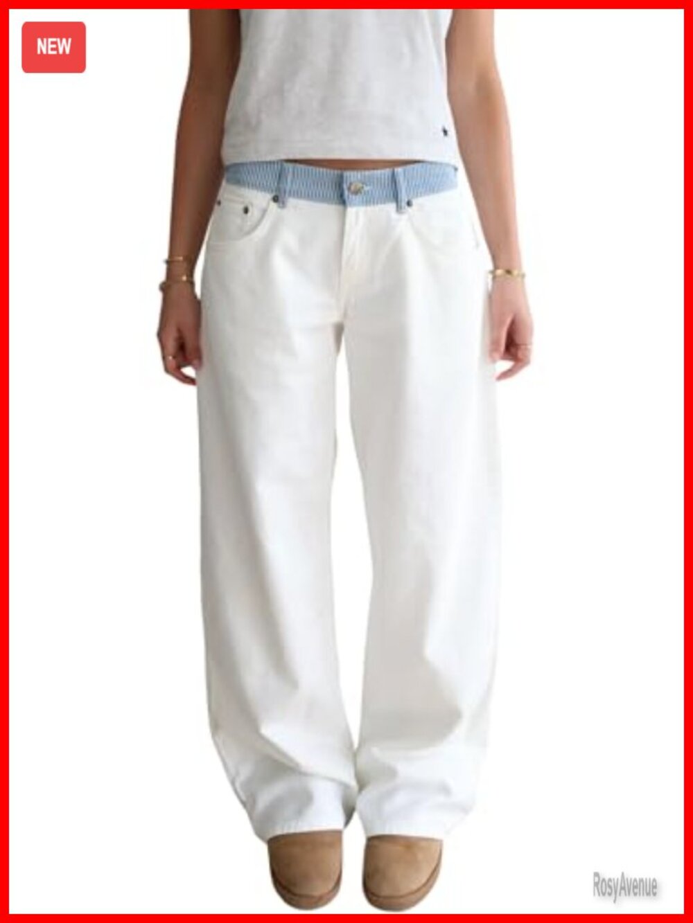 Womens Wide Leg Mid Rise Jeans Adjustable Waist Baggy Denim Pants